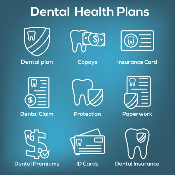 牙科保险大纲图标设置与牙齿图像 — 图库矢量图片