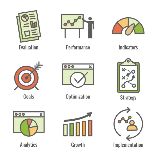 Kpi Indicadores Clave Rendimiento Icono Con Evaluación Crecimiento Estrategia Etc — Vector de stock