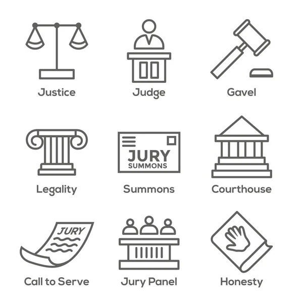 法律和法律图标设置与法官 陪审团 和司法图标 — 图库矢量图片