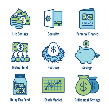 Emeklilik hesabı ve tasarruf Icon Set - yatırım fonu, Roth IRA, vb