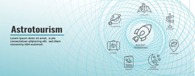 Astrotourism uzay yolculuğu veya Turizm Web Header Banner w uzay gemisi, teleskop ve gezegenler