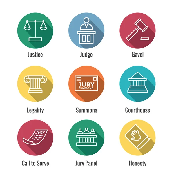 Wet Juridische Icon Set Met Pictogrammen Van Rechter Jury Justitieel — Stockvector