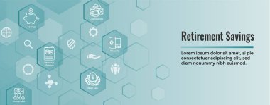 Emeklilik hesabı ve tasarruf simge kümesi Web Header Banner - yatırım fonu, Roth IRA, vb