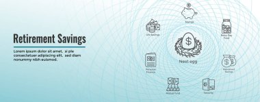 Emeklilik hesabı ve tasarruf simge kümesi Web Header Banner - yatırım fonu, Roth IRA, vb