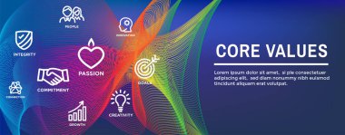 Çekirdek değerler Web Header Banner görüntü w bütünlüğü, misyon, vb Icon Set