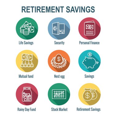 Emeklilik hesabı ve tasarruf Icon Set - yatırım fonu, Roth IRA, vb