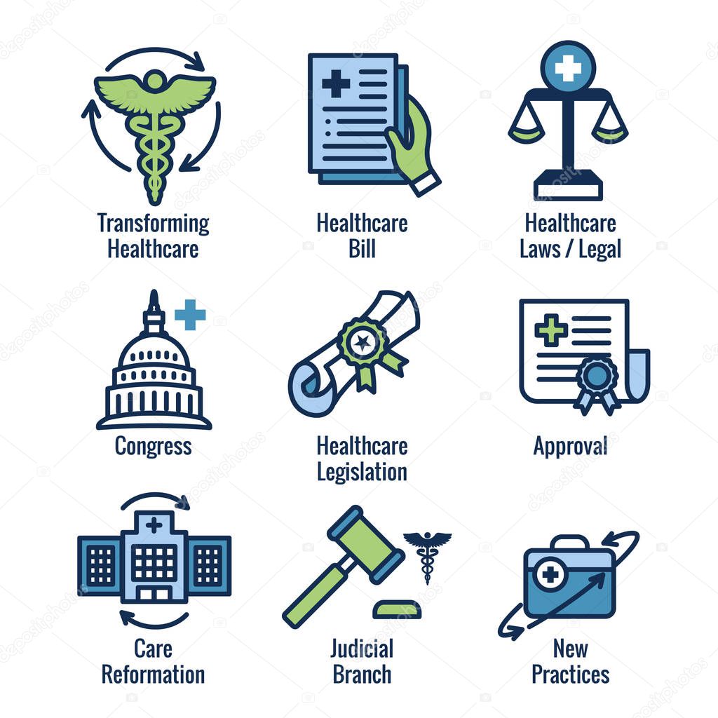 Health Laws and Legal icon set | various aspects of the legal system