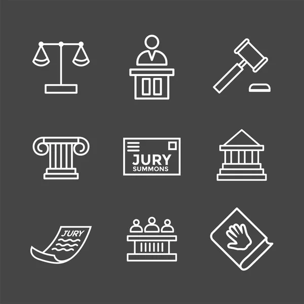 Wet Juridische Icon Set Met Pictogrammen Van Rechter Jury Justitieel — Stockvector