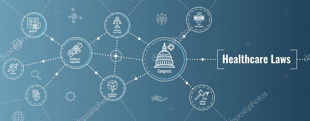 Health Laws and Legal icon set | various aspects of the legal system