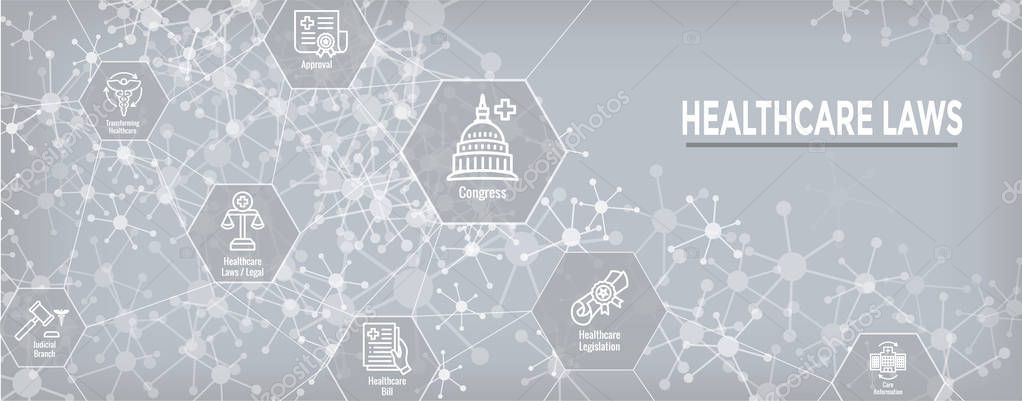 Health Laws and Legal icon set | various aspects of the legal system