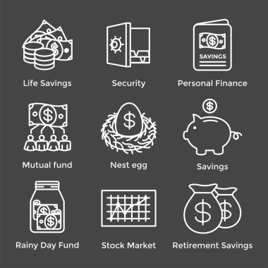 Emeklilik hesabı ve tasarruf Icon Set - yatırım fonu, Roth IRA, vb