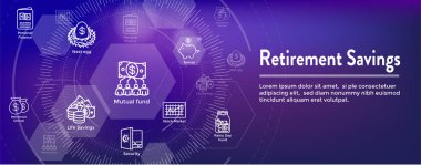 Emeklilik hesabı ve tasarruf simge kümesi Web Header Banner - yatırım fonu, Roth IRA, vb
