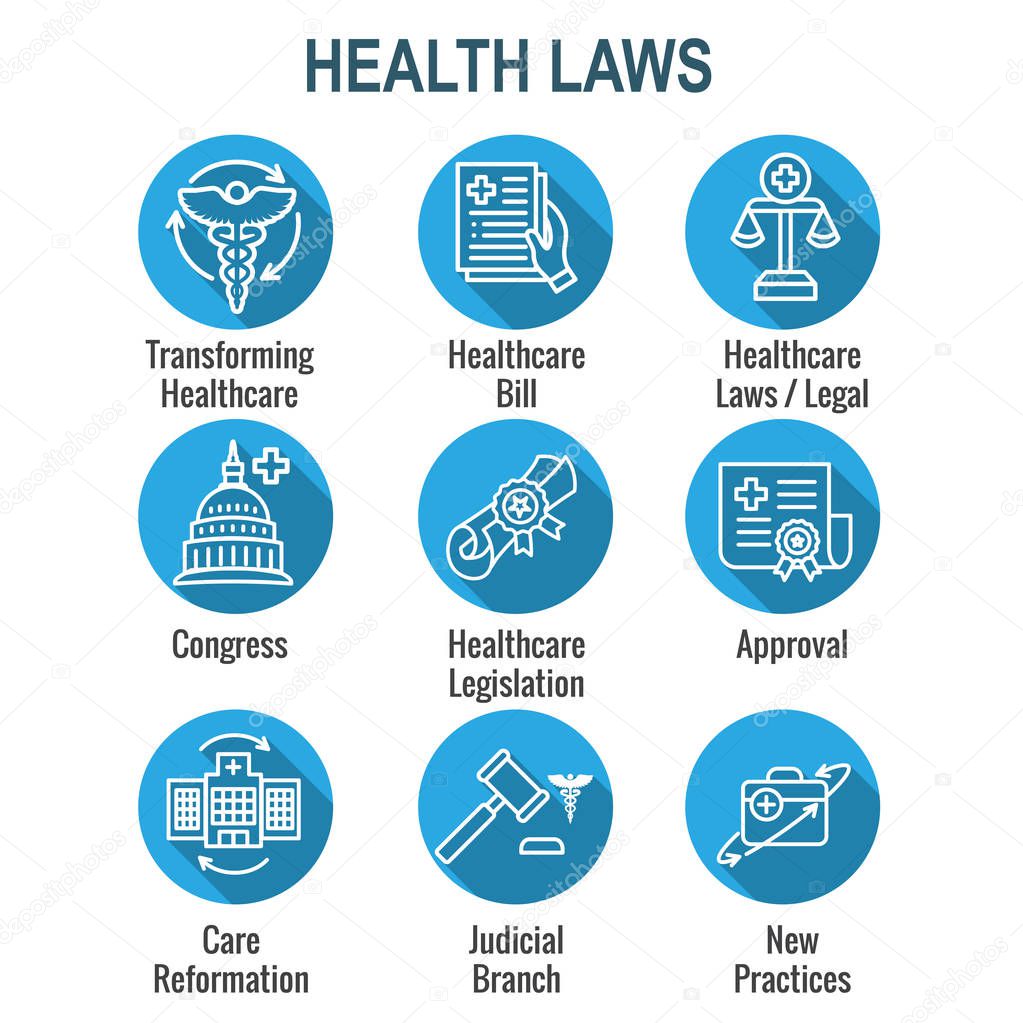 Health Laws and Legal icon set | various aspects of the legal system