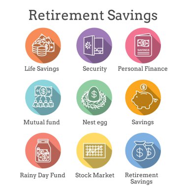 Emeklilik hesabı ve tasarruf Icon Set - yatırım fonu, Roth IRA, vb