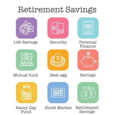Emeklilik hesabı ve tasarruf Icon Set - yatırım fonu, Roth IRA, vb