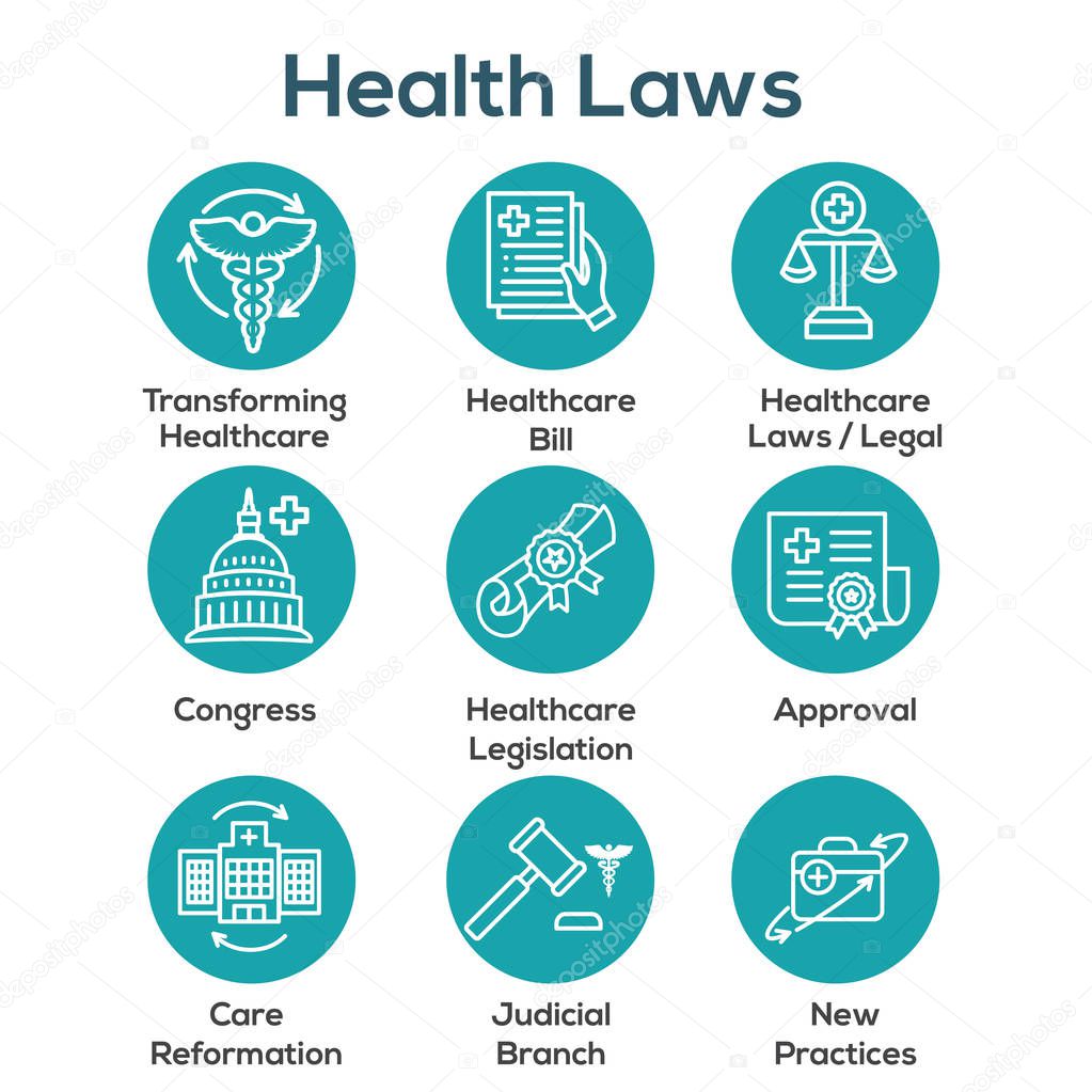Health Laws and Legal icon set | various aspects of the legal system