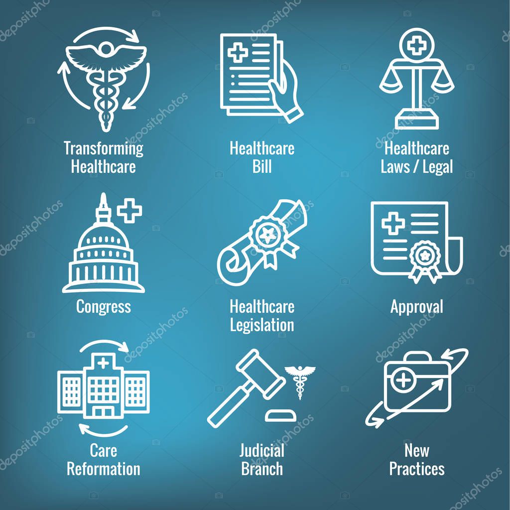Health Laws and Legal icon set | various aspects of the legal system