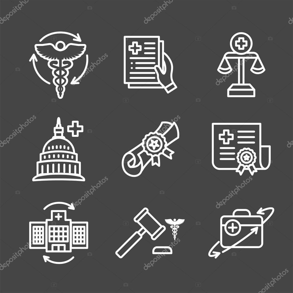 Health Laws and Legal icon set | various aspects of the legal system