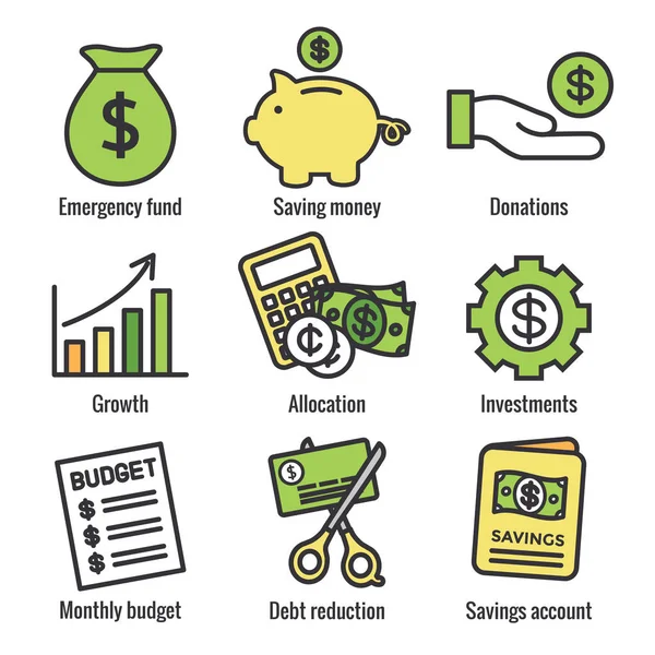 Personal Finance & Responsibility Icon Set with Money, Saving, & — Διανυσματικό Αρχείο