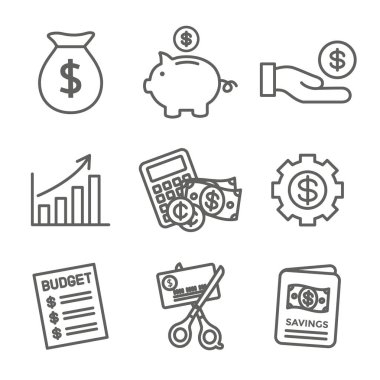 Personal Finance & Responsibility Icon Set with Money, Saving, &