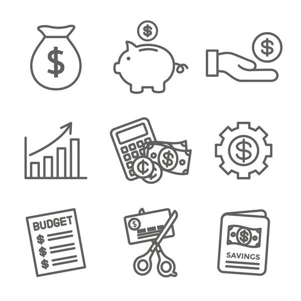 Personal Finance & Responsibility Icon Set with Money, Saving, & — Stock vektor