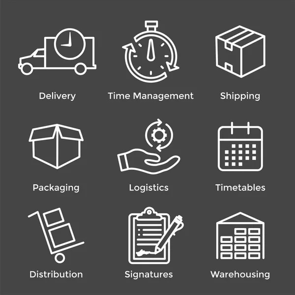 Shipping and Receiving Icon Set with Boxes, Warehouse, checklist — Stock Vector