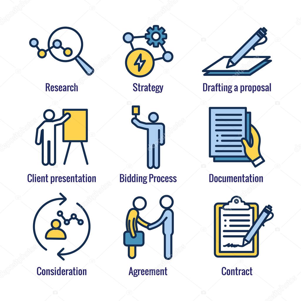New Business Process Icon Set with Bidding Process, Proposal, Co