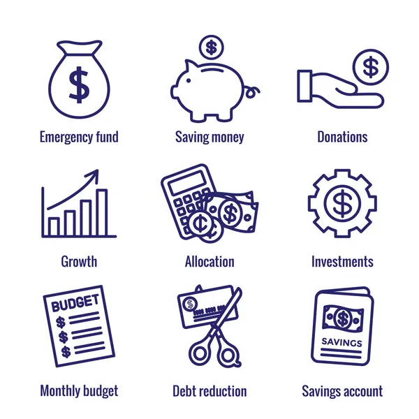 Finanças Pessoais e Ícone de Responsabilidade Definido com Dinheiro, Poupança e —  Vetores de Stock