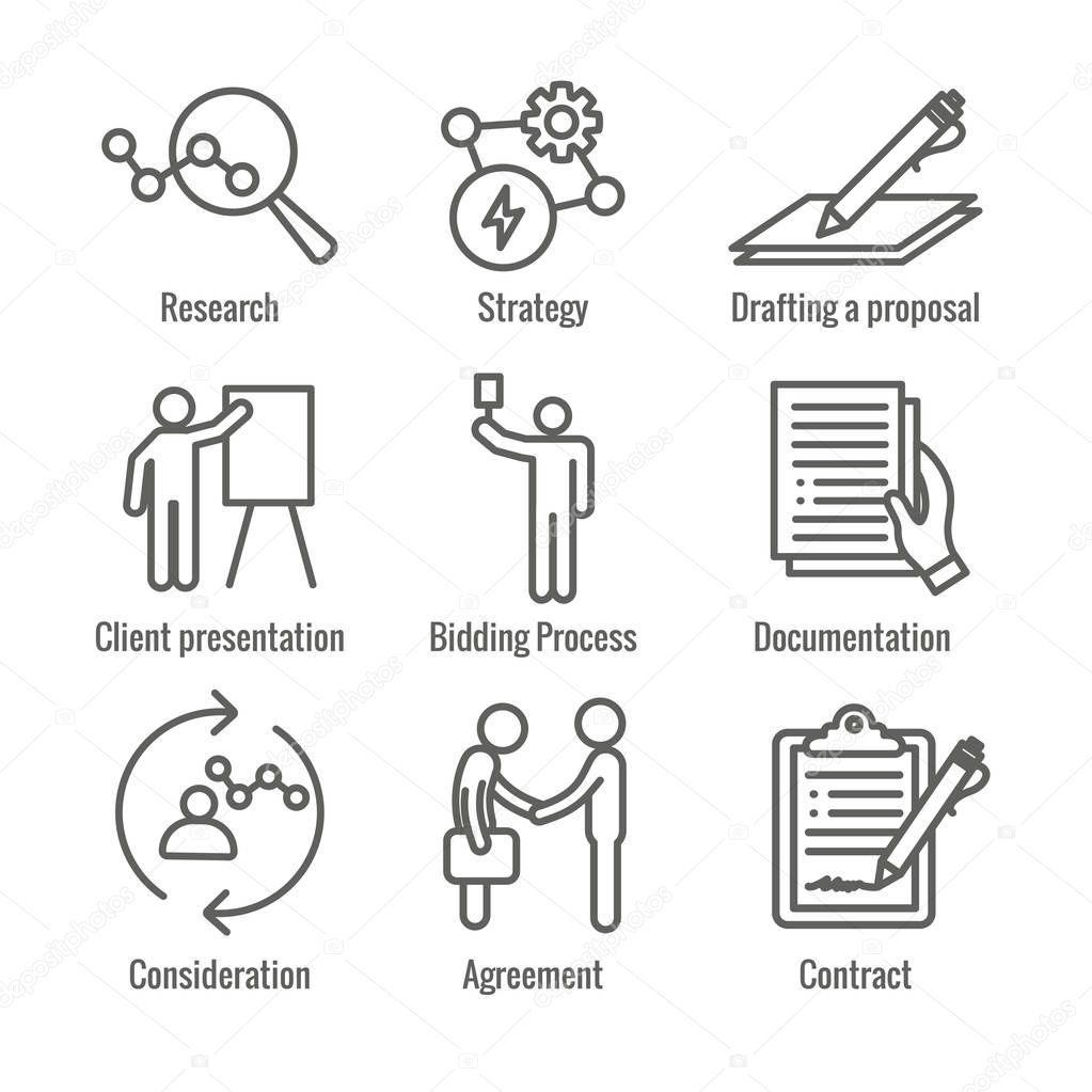 New Business Process Icon Set with Bidding Process, Proposal, Co