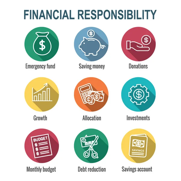 Personal Finance & Responsibility Icon Set with Money, Saving, & — Stock Vector