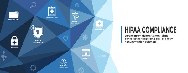 HIPAA Cumplimiento Web Banner Header - Conjunto de iconos médicos y texto — Archivo Imágenes Vectoriales