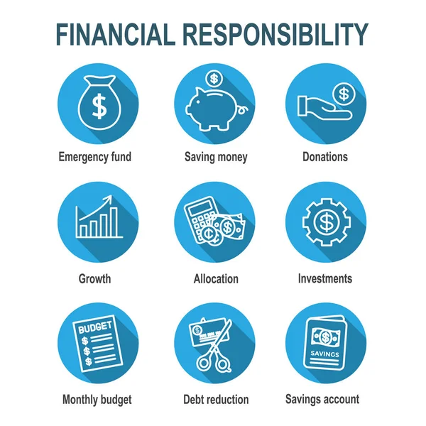 Finanzas personales & Icono de responsabilidad establecido con dinero, Ahorro, & — Archivo Imágenes Vectoriales
