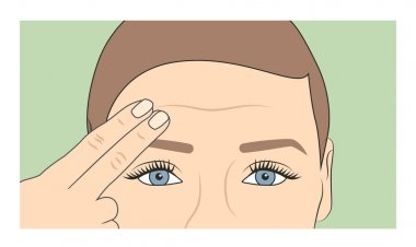 Woman using fingers to show onset of wrinkles and aging clipart