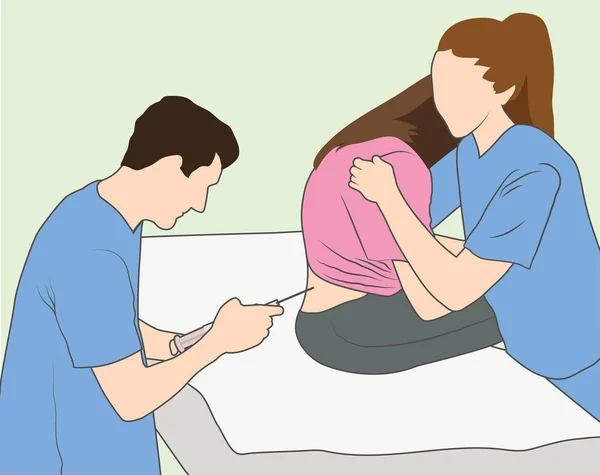 Эпидуральный укол - медсестра утешает беременную женщину, врач дает Ep — стоковый вектор