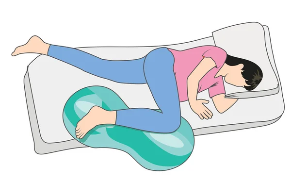 Těhotná žena v těhotenské pracovní pozici w burákový míč na posteli — Stockový vektor