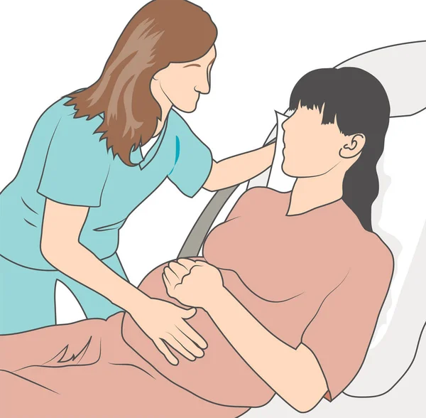 OBGYN chequeo con gestante en cama de hospital — Vector de stock