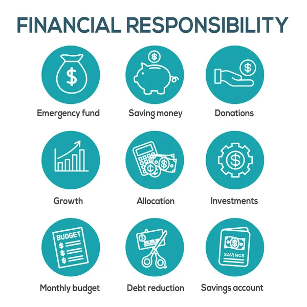 Personal Finance & Responsibility Icon Set with Money, Saving, & — Stockový vektor
