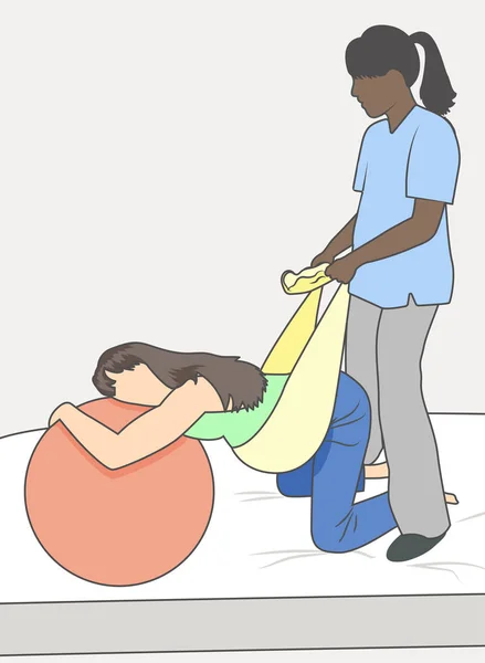 Mujer embarazada con enfermera que apoya al bebé y a la madre con toalla — Vector de stock