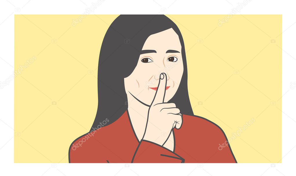 Quiet please, shhh, with finger and nose making shush sound