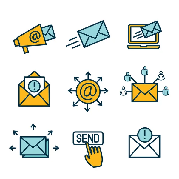 Email marketing campaign icon set con email list, annuncio — Vettoriale Stock