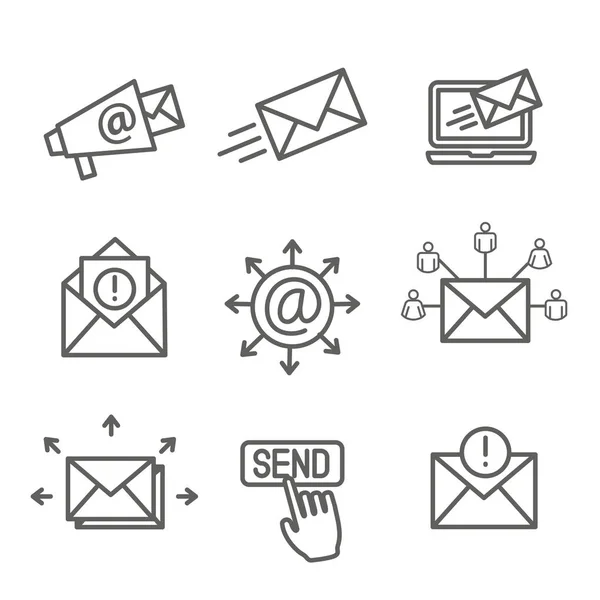 E-post marknadsföringskampanjer Ikonuppsättning med e-postlista, tillkännagivande — Stock vektor