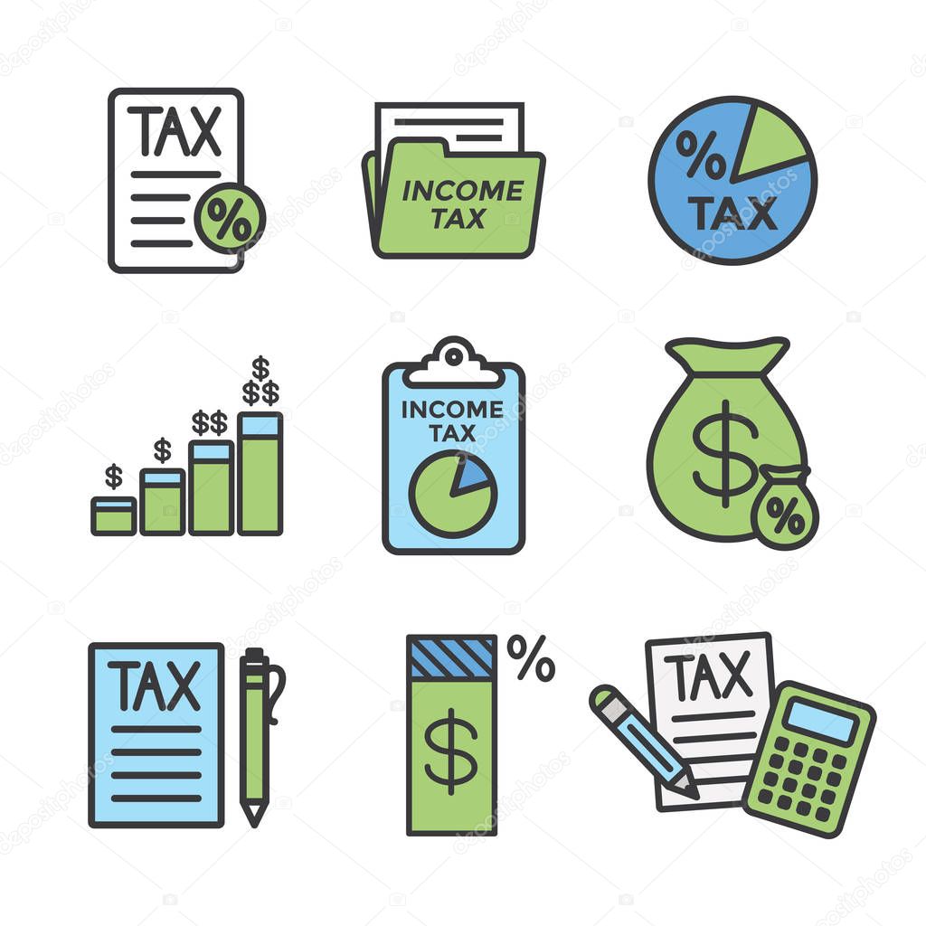 Tax concept with percentage paid, icon and income idea. Flat vec