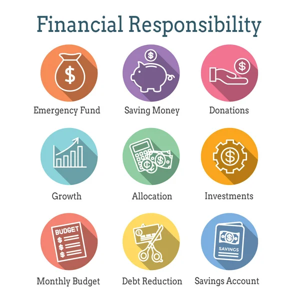 Personal Finance & Responsibility Icon Set with Money, Saving, & — Stock Vector