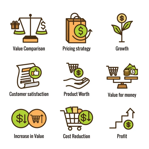 Conjunto de ícones de preços competitivos com crescimento, rentabilidade e valor —  Vetores de Stock