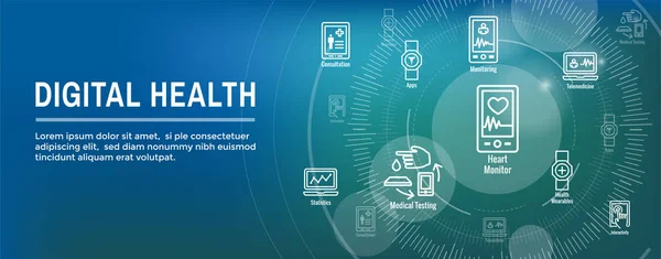 ชุดไอคอนสุขภาพดิจิตอลพร้อมเทคโนโลยีที่สวมใส่ได้ แบนเนอร์หัวเว็บ — ภาพเวกเตอร์สต็อก