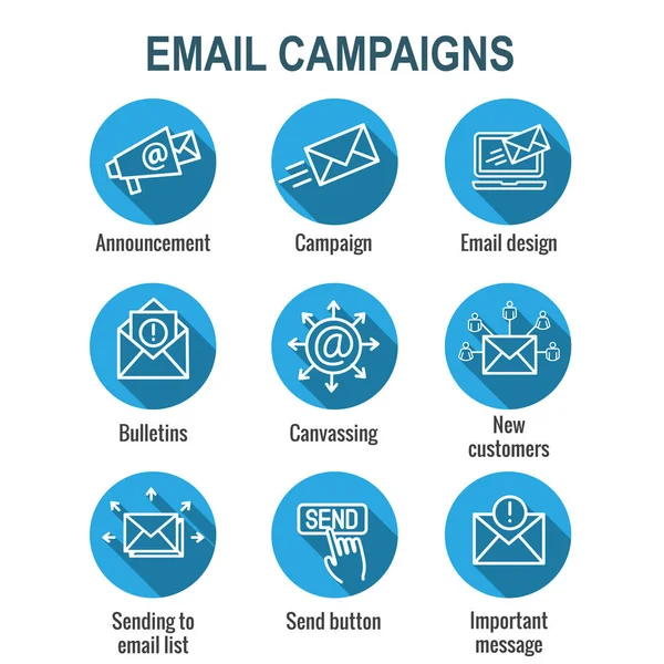 Icono de campañas de email marketing con lista de email, anuncio — Vector de stock