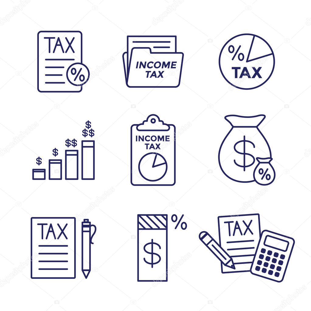 Tax concept with percentage paid, icon and income idea. Flat vec