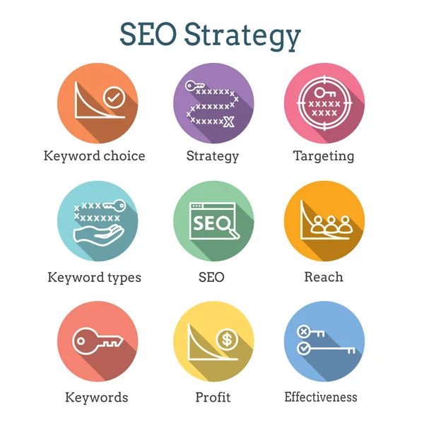 SEO stratégia-Search Engine Optimization koncepció-kulcsszavak, et — Stock Vector