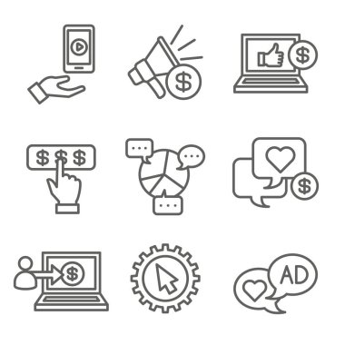Sosyal medya reklamları Icon Set video reklamları, Kullanıcı etkileşimi, vb