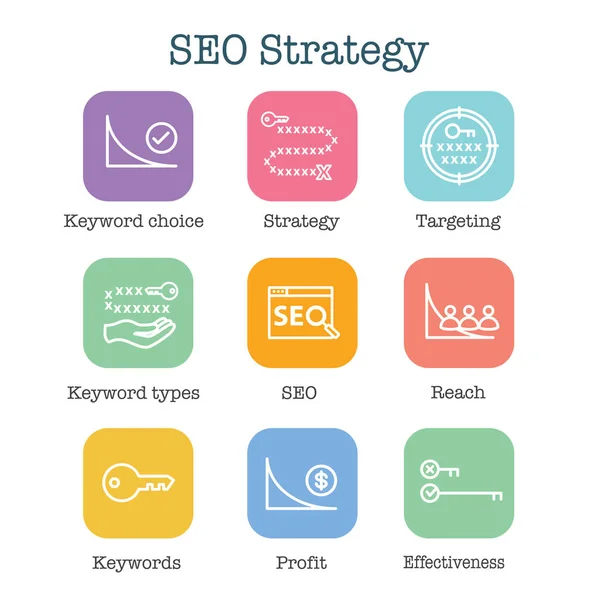 SEO stratégia-Search Engine Optimization koncepció-kulcsszavak, et — Stock Vector